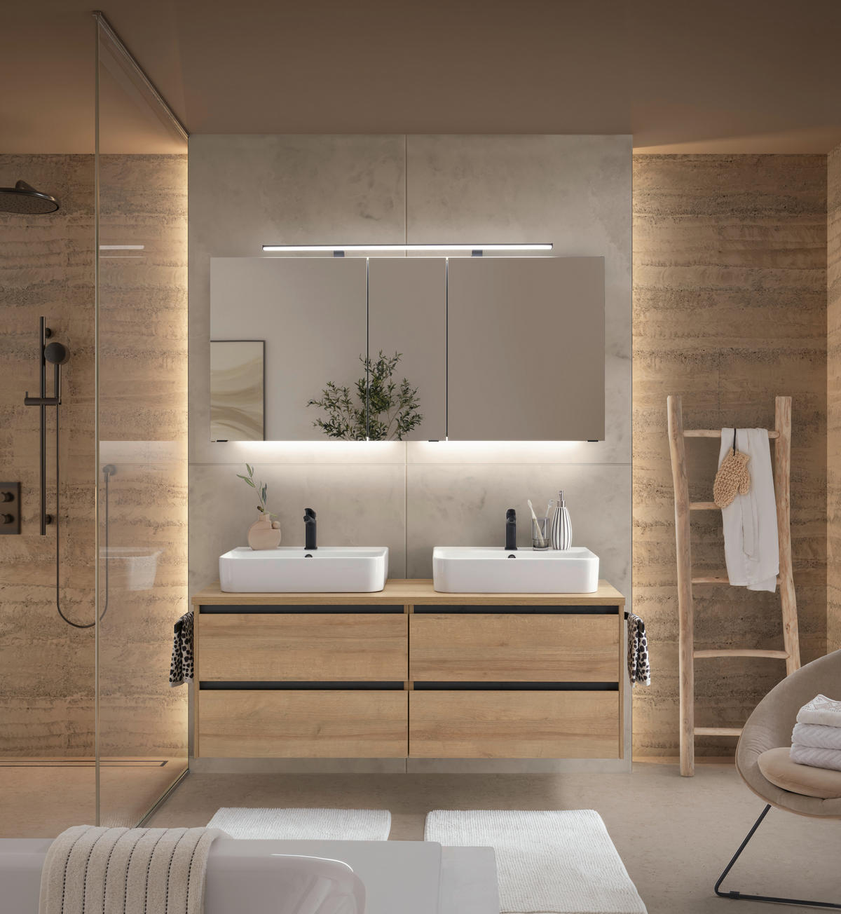 BADEZIMMER 4-teilig  in 152 cm  - Eichefarben/Weiß, Design, Glas/Keramik (152cm) - Musterring