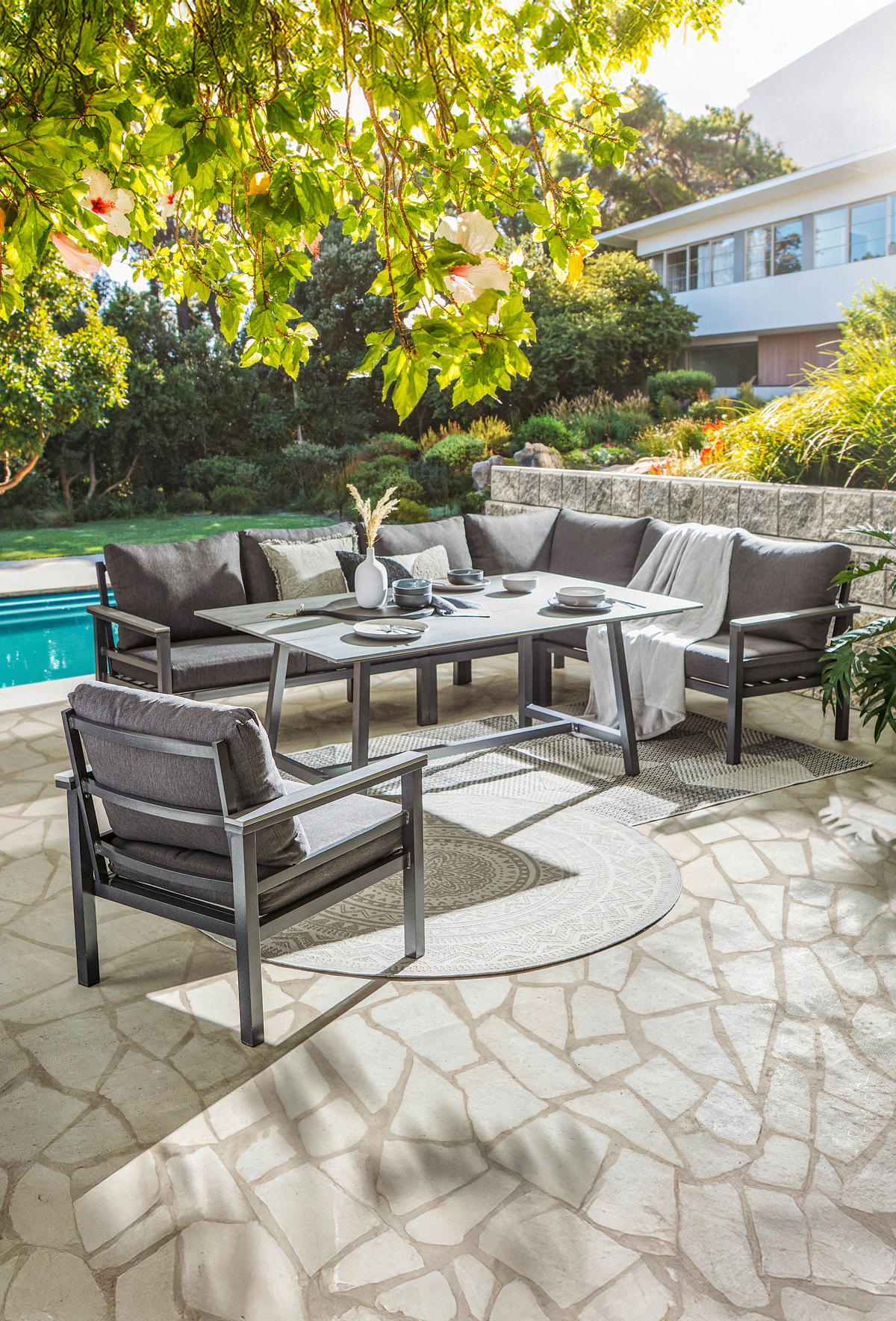 DINING-LOUNGESET 259/199 cm Aluminium  - Dunkelgrau/Hellgrau, Design, Kunststoff/Textil (259/199cm) - Amatio