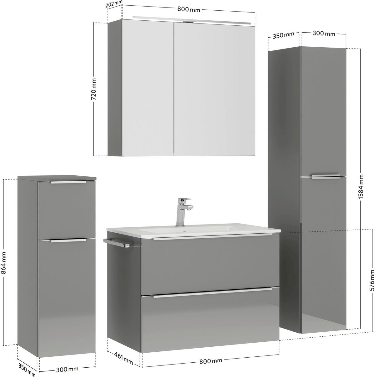 WASCHTISCHKOMBI 81 cm  - Schieferfarben/Edelstahlfarben, MODERN, Holzwerkstoff/Stein (81cm) - Nobilia