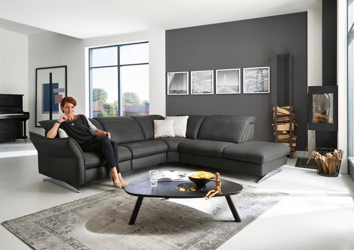 ECKSOFA Schwarz Echtleder  - Edelstahlfarben/Schwarz, Design, Leder/Metall (292/258cm) - Hukla