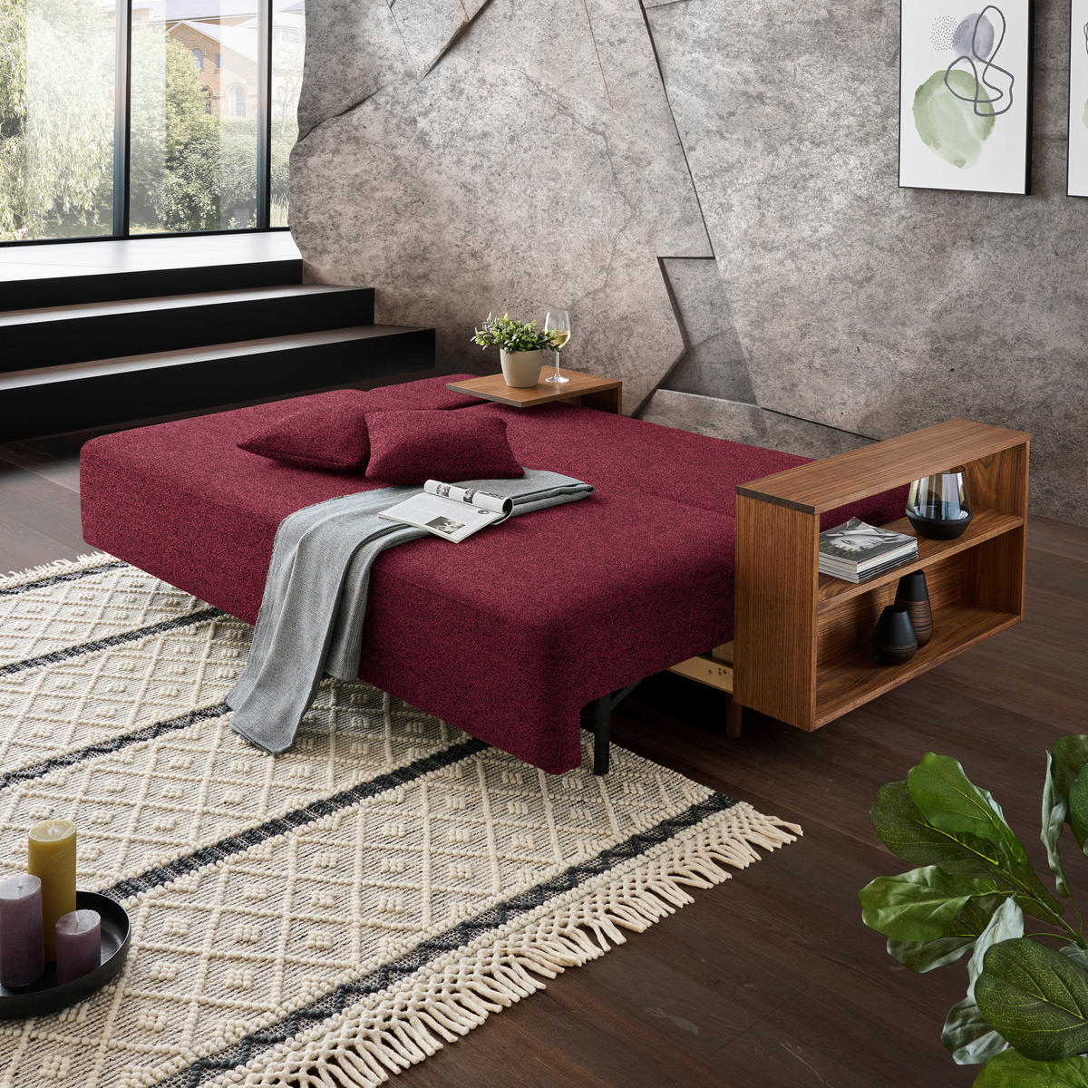 SCHLAFSOFA in Textil Rot  - Rot/Nussbaumfarben, Natur, Holz/Textil (228/90/100cm) - Joka