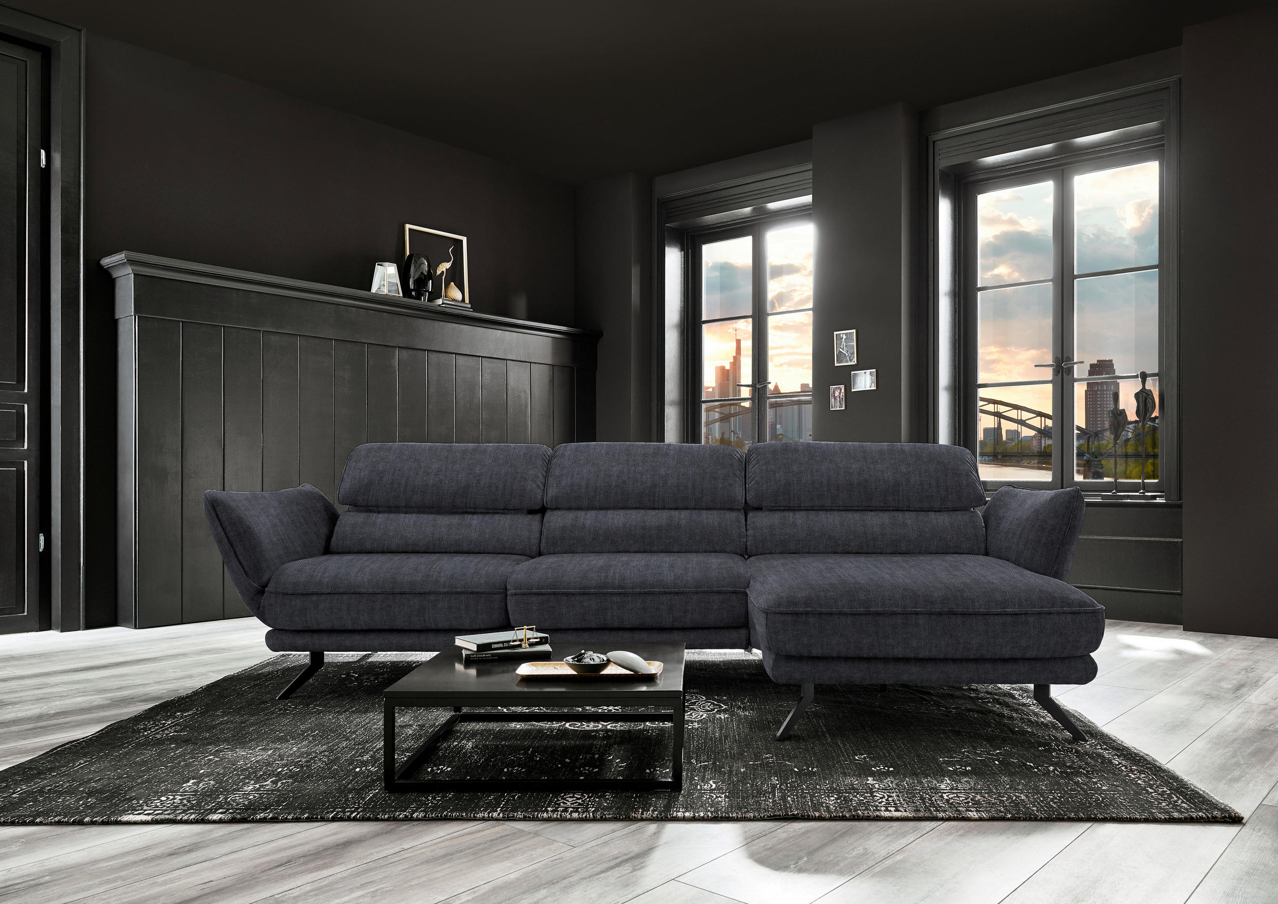 ECKSOFA in Velours Grau  - Schwarz/Grau, Design, Textil/Metall (283/153cm) - Valdera