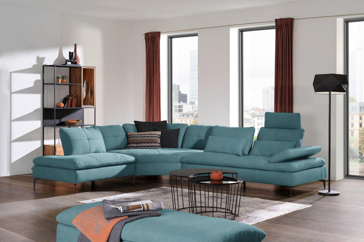 ECKSOFA in Flachgewebe Hellblau  - Schwarz/Hellblau, Design, Textil/Metall (271/344cm) - Chilliano