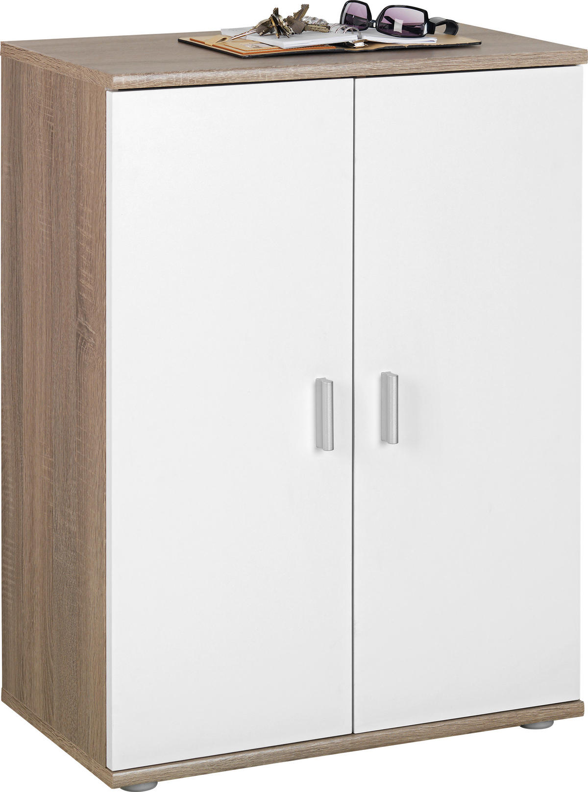 KOMODA, bela, hrast sonoma  - srebrne barve/bela, Design, umetna masa/leseni material (60/82/35cm) - Boxxx