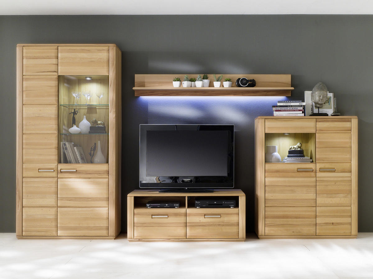 WOHNWAND La Paz  in Buchefarben  357/209/51 cm  - Buchefarben/Silberfarben, Design, Glas/Holz (357/209/51cm) - Livetastic
