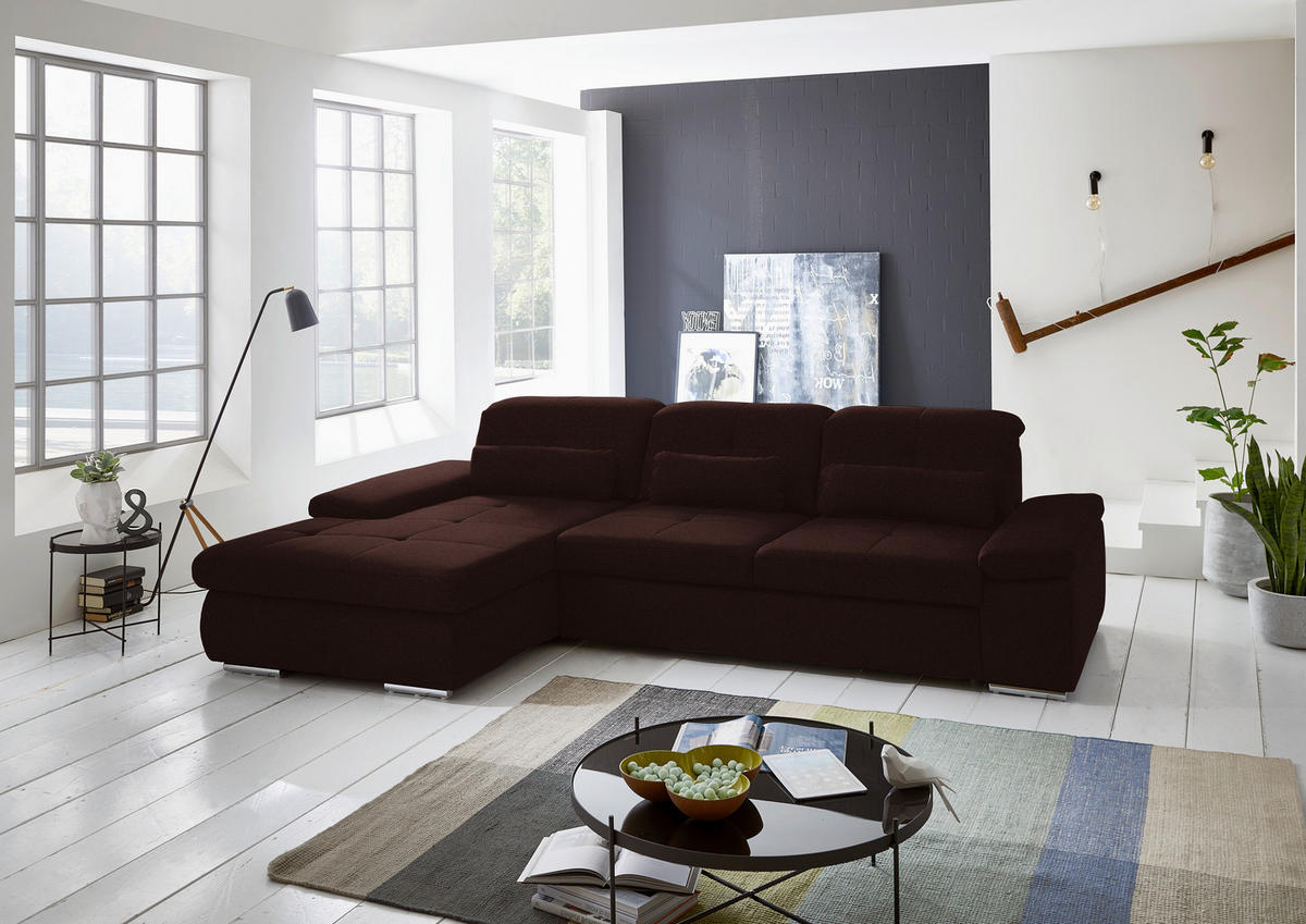 ECKSOFA  in Flachgewebe Dunkelbraun  195/309 cm  - Chromfarben/Dunkelbraun, Design, Textil (195/309cm) - Beldomo Style