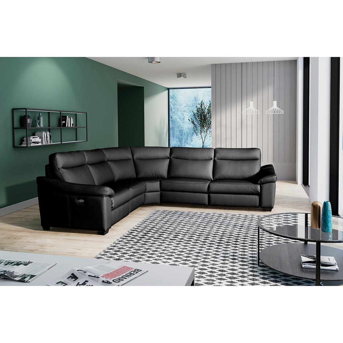 ECKSOFA Schwarz Echtleder  - Schwarz, Design, Leder/Holz (299/299cm) - Livetastic