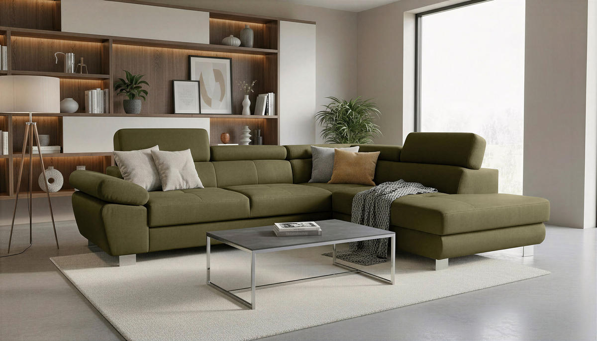 ECKSOFA Grün Webstoff Bettkasten, Schlaffunktion, Rücken echt, Armteilverstellung, Kopfteilverstellung  - Chromfarben/Grün, MODERN, Textil/Metall (278/205cm) - Stylife