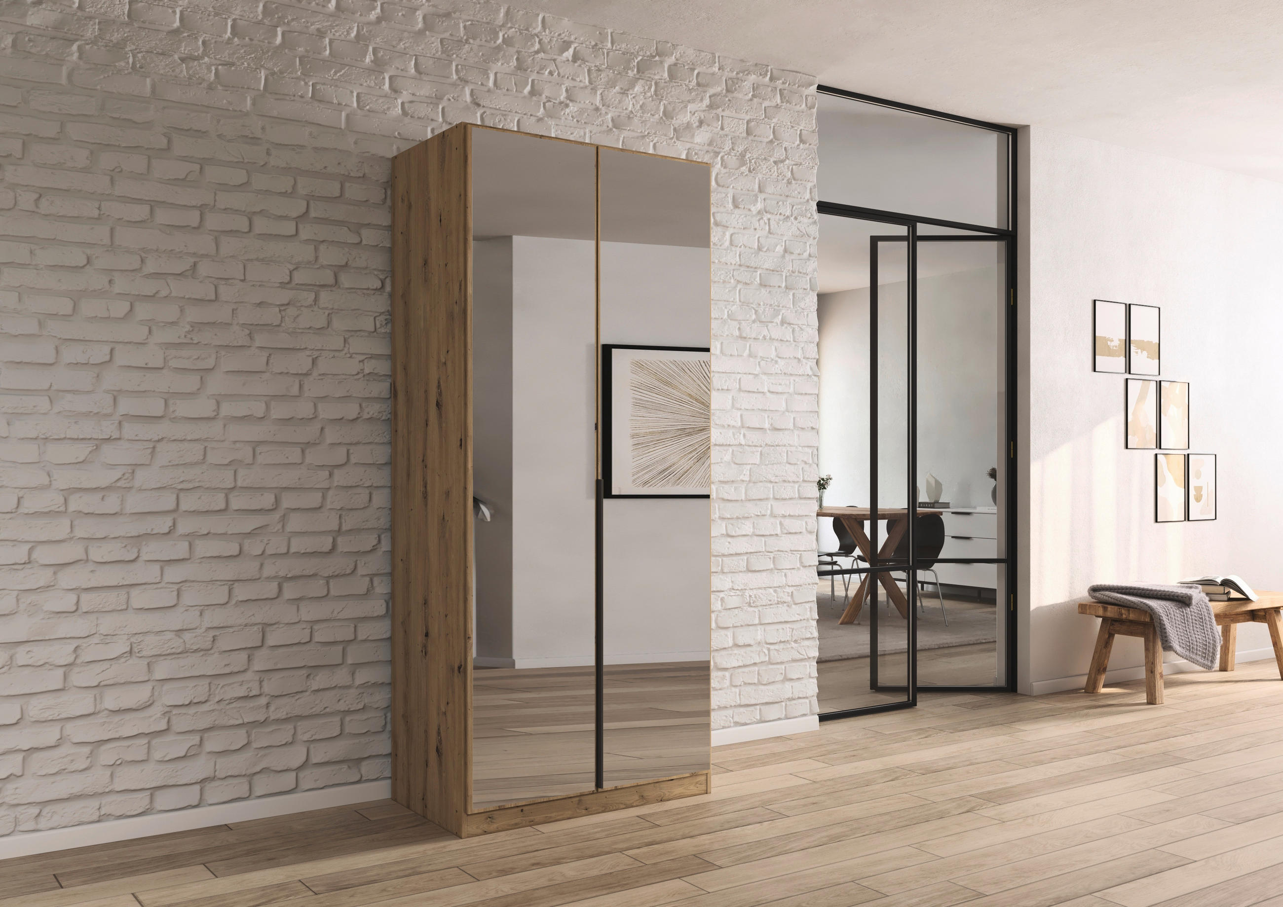 Thumbnail - Rauch Möbel Drehtürenschrank Rauch Alabama, Dunkelgrau, Eiche Artisan, Metall, 2 Fächer, 91x229x54 cm, Blauer Engel, Gol...