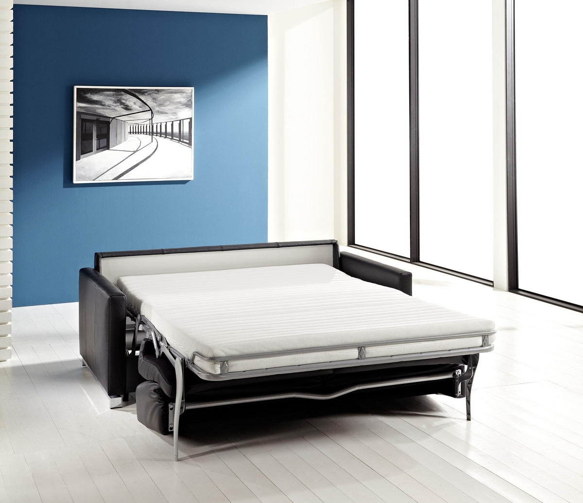SCHLAFSOFA in Leder Schwarz  - Chromfarben/Schwarz, Basics, Leder/Metall (185/84/100cm) - Bali