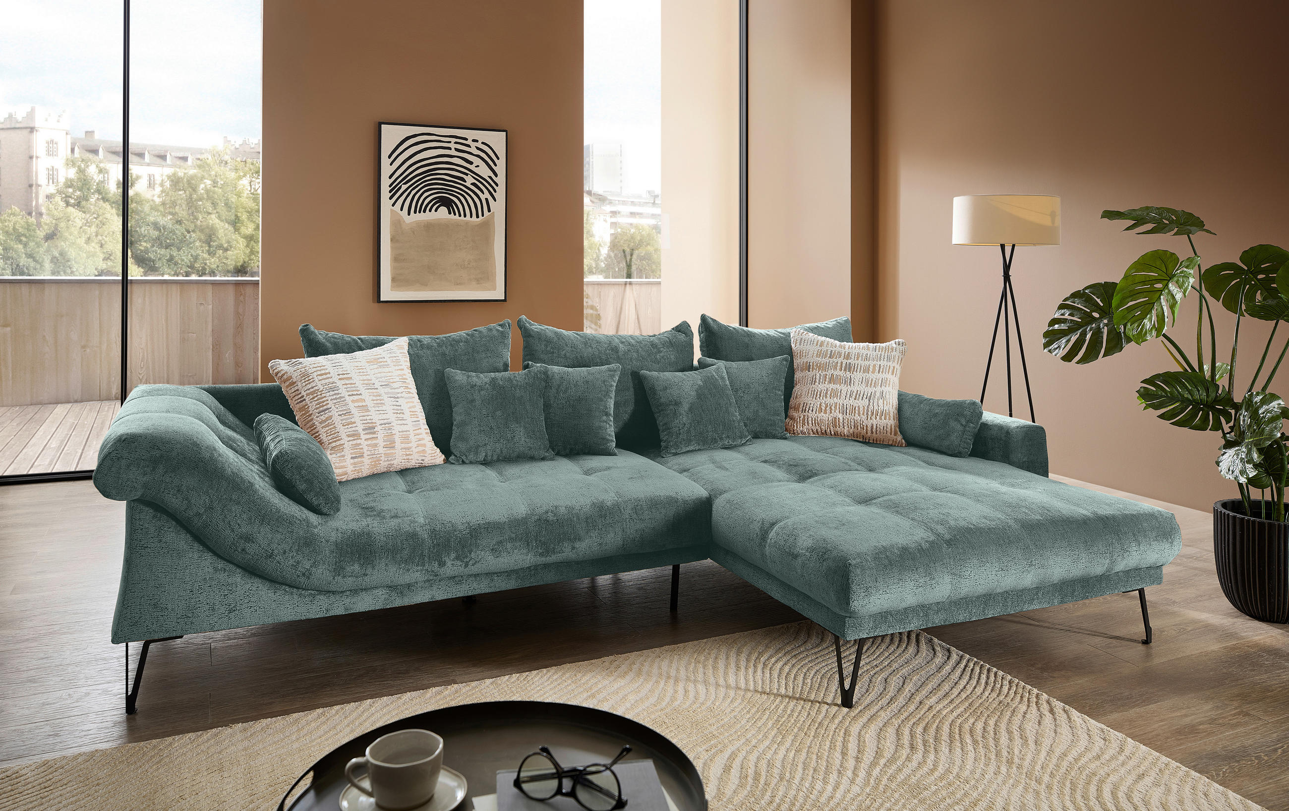 ECKSOFA GARDA Türkis Chenille Zierkissen, Rückenkissen, Nierenkissen, Rücken echt  - Türkis/Schwarz, KONVENTIONELL, Textil/Metall (310/192cm) - Livetastic