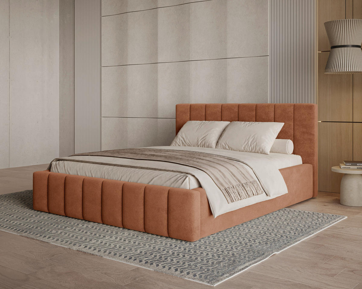 POLSTERBETT 160/200 cm,  in Terracotta, Lattenrost, Bettkasten,  - Terracotta/Schwarz, MODERN, Holz/Kunststoff (160/200cm) - Livetastic