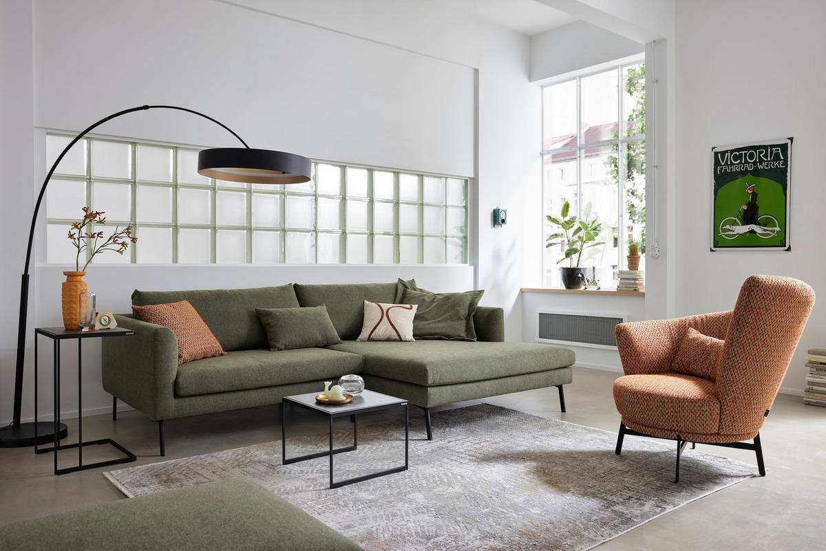 ECKSOFA Ottomane rechts  Dunkelgrün Flachgewebe  - Dunkelgrün/Schwarz, Design, Textil/Metall (267/175cm) - Musterring