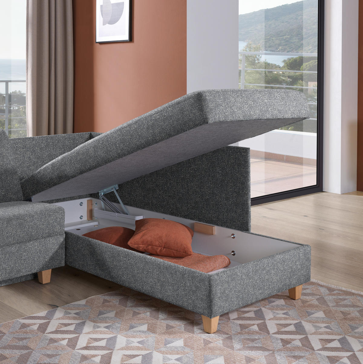 ECKSOFA  in Mikrovelours Grau  261/203 cm  - Eichefarben/Grau, KONVENTIONELL, Holz/Textil (261/203cm) - Sedda
