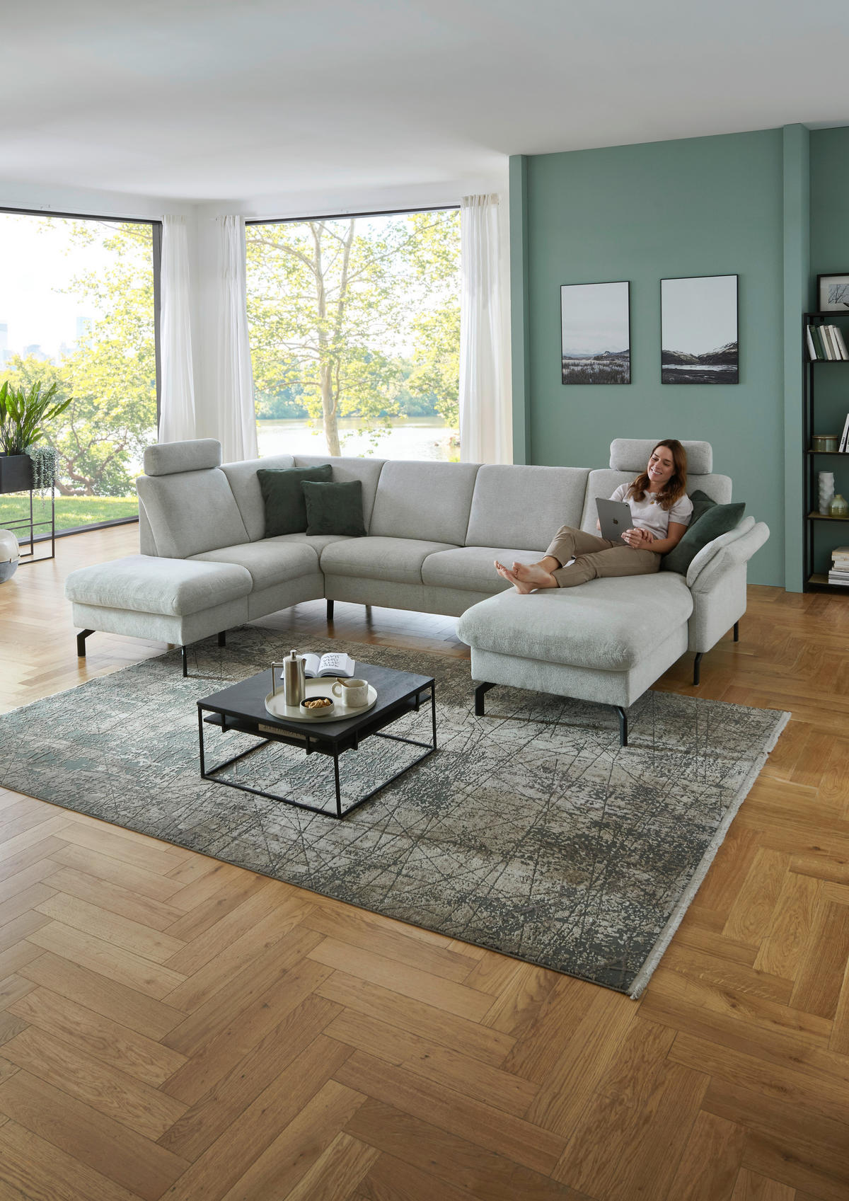 WOHNLANDSCHAFT Flachgewebe Ecru  - Ecru/Schwarz, Konventionell, Textil/Metall (190/307/170cm) - Beldomo Comfort