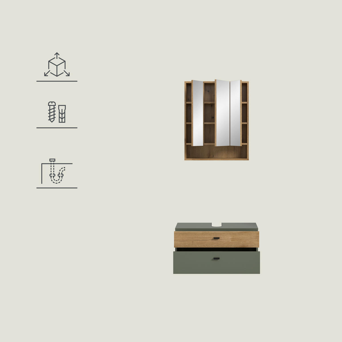 BADEZIMMER 2-teilig  in 75 cm  - Eichefarben/Schwarz, Trend, Glas/Holzwerkstoff (75cm) - MID.YOU