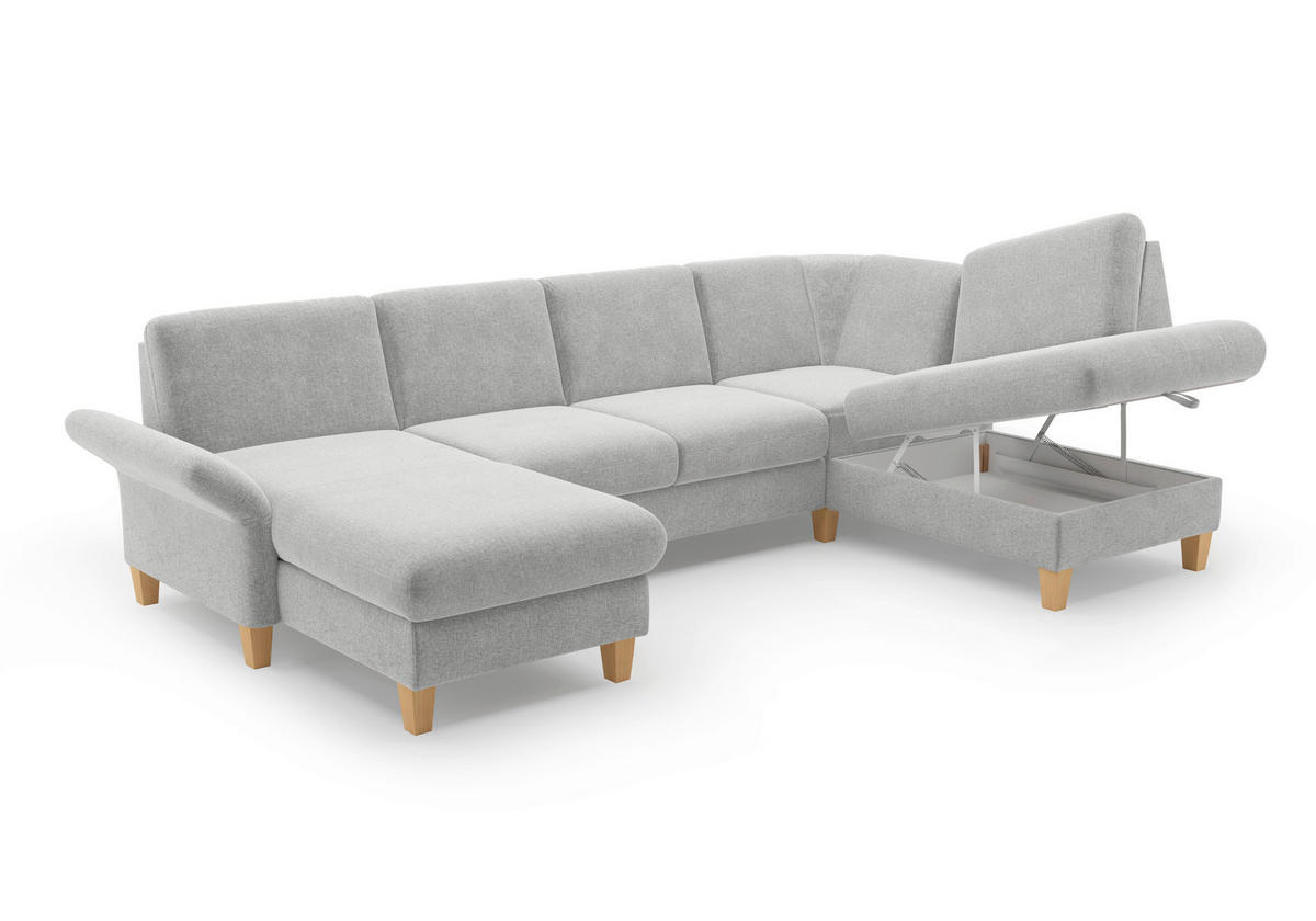 WOHNLANDSCHAFT Hellgrau Flachgewebe  - Eichefarben/Hellgrau, KONVENTIONELL, Holz/Textil (164/314/195cm) - Sit & More