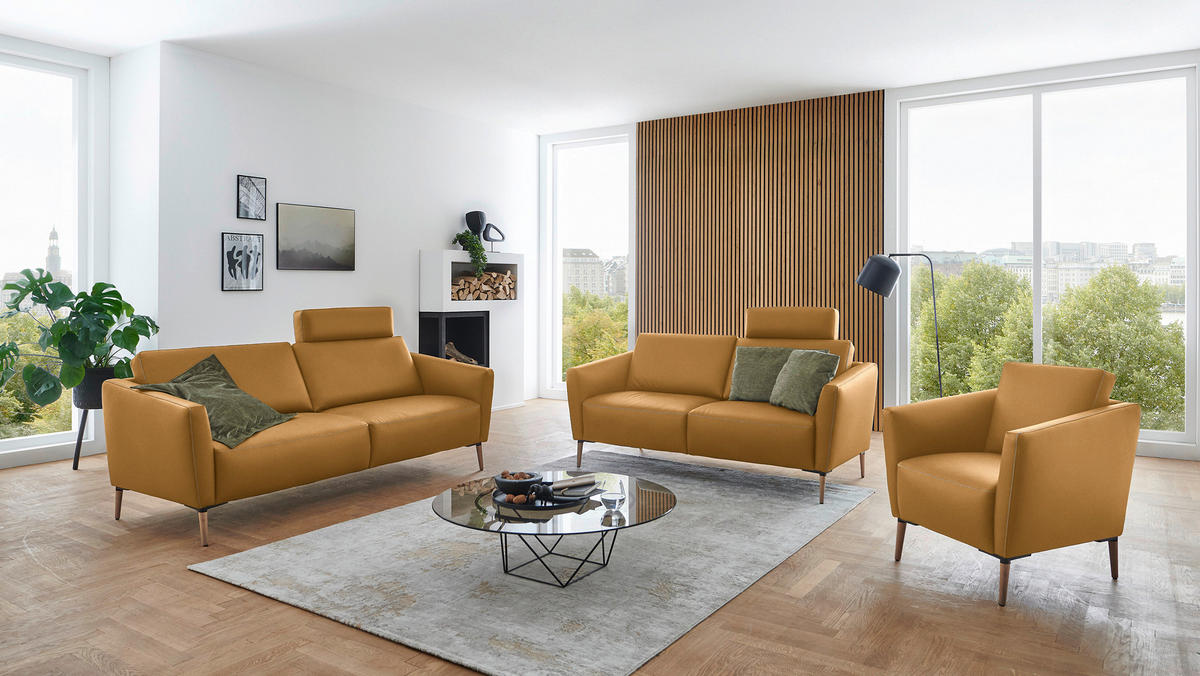 2-SITZER-SOFA Echtleder Currygelb  - Currygelb/Eichefarben, Natur, Leder/Holz (207/86/87cm) - Valnatura