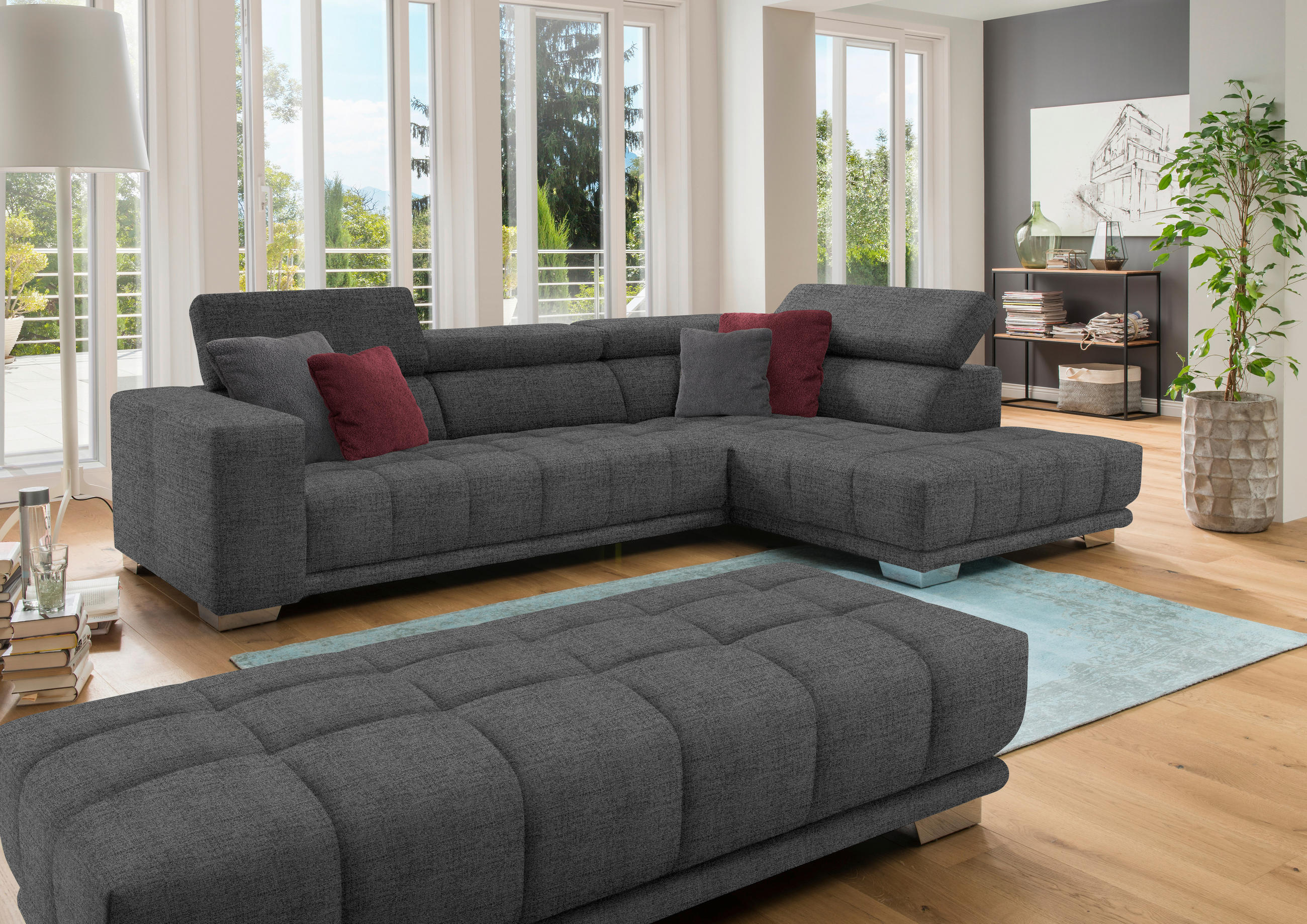ECKSOFA in Chenille Grau  - Chromfarben/Grau, Design, Textil (301/207cm) - Xora