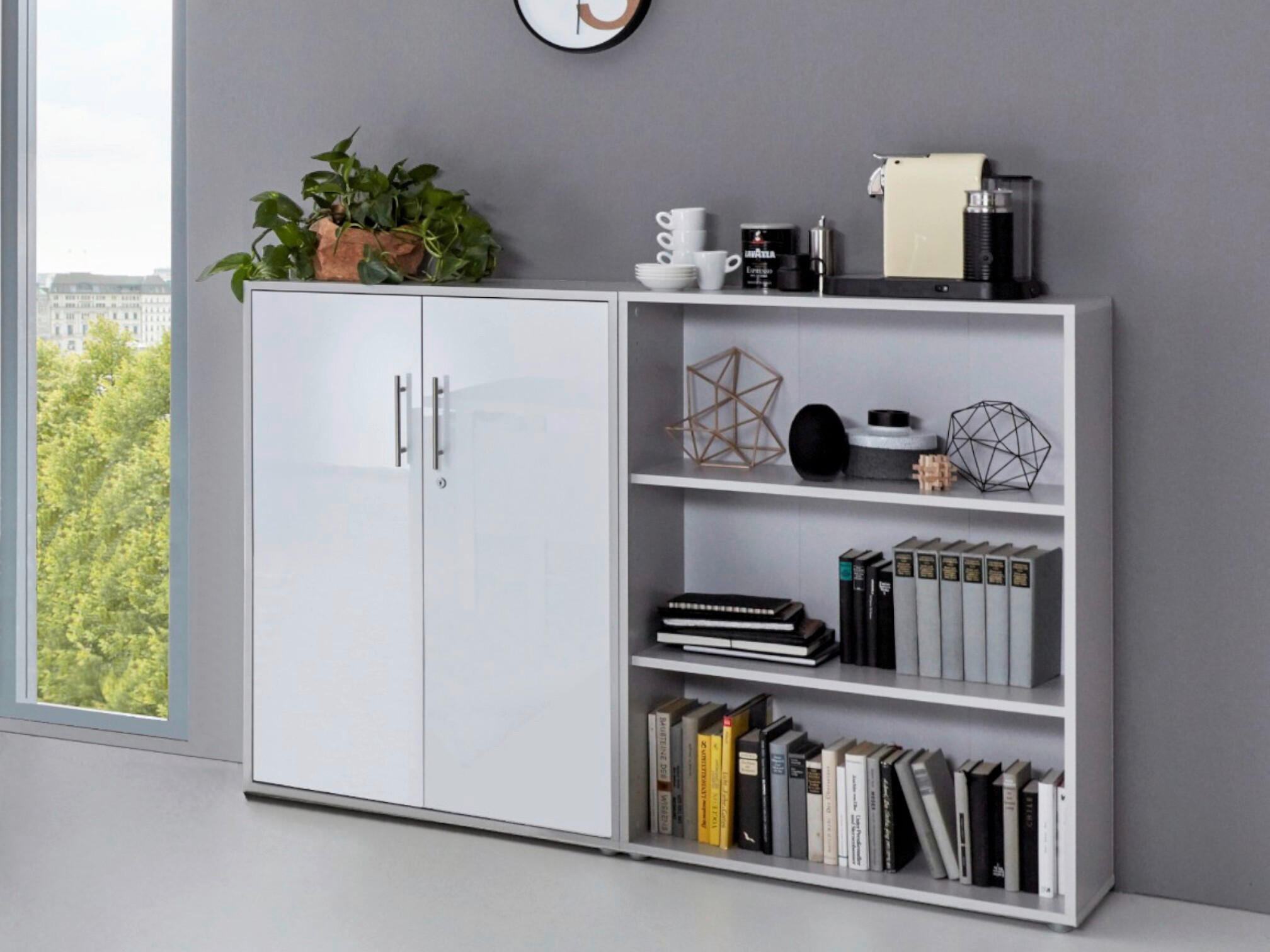 Thumbnail - Mid.you Büro Office Edition - Büro Set 1, Grau, Weiß Hochglanz, 6,6 Fächer, 3 Schubladen, Made in Germany, erweiterbar, ...