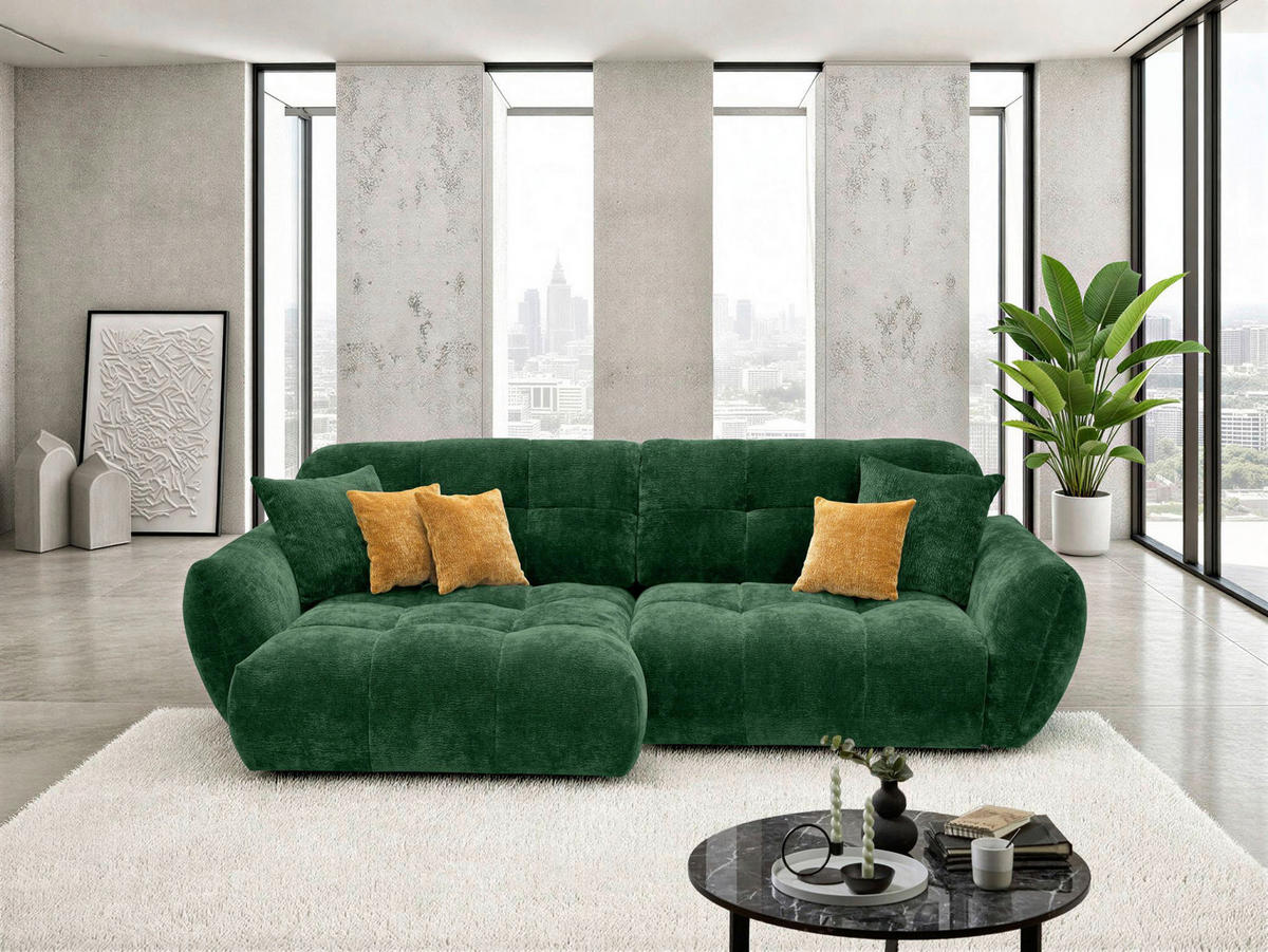 ECKSOFA NIVO Dunkelgrün Chenille Rücken echt  - Dunkelgrün/Schwarz, MODERN, Kunststoff/Textil (175/312cm) - Livetastic