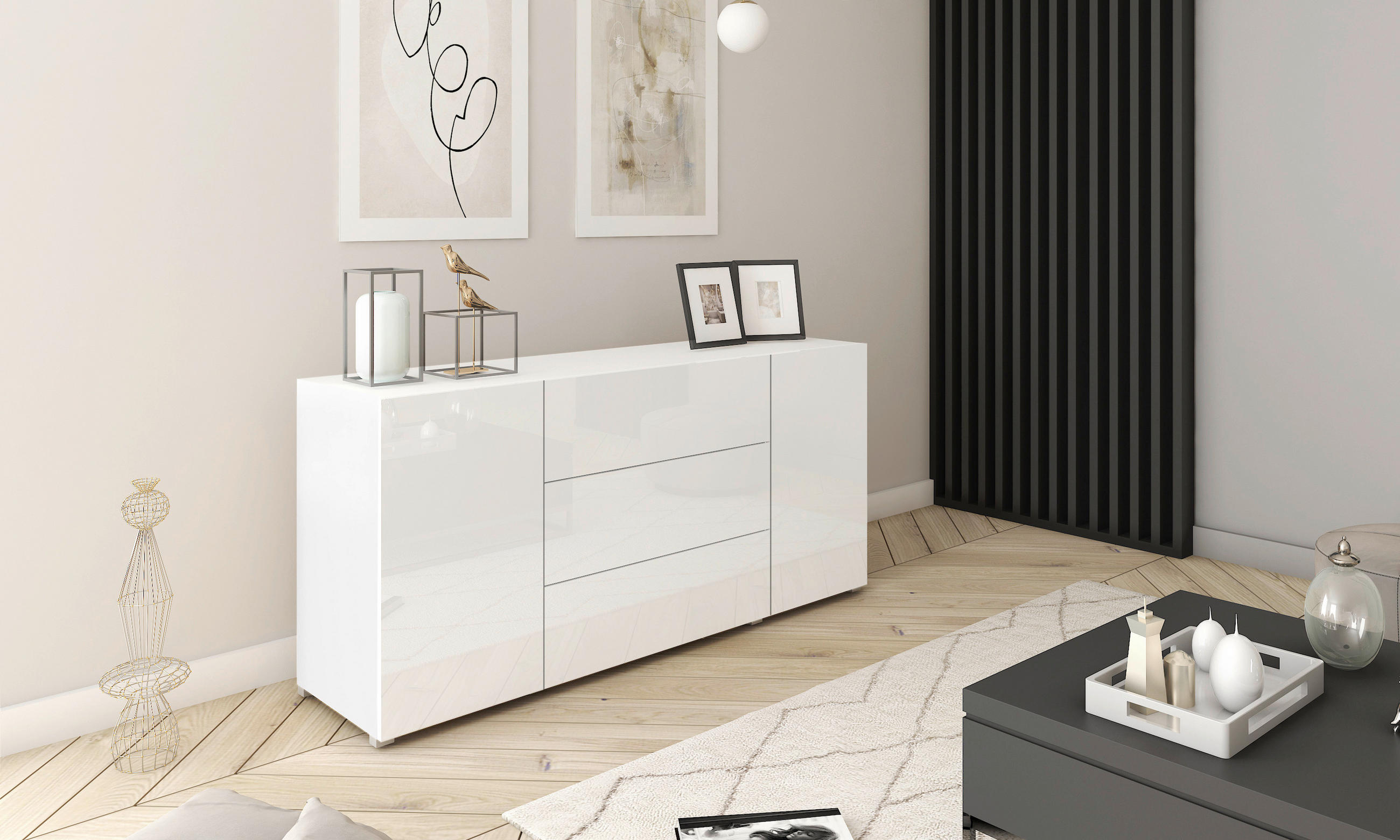SIDEBOARD 150/68/38,5 cm - vit/vit högglans, Design, trämaterial/plast (150/68/38,5cm) - MID.YOU