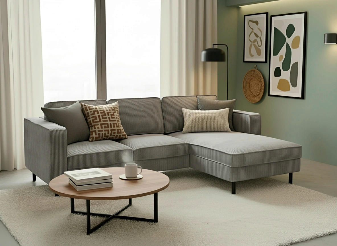 ECKSCHLAFSOFA WATKINS  mit Schlafen auf Sitzhöhe, Rücken echt, Armteil links, Armteil rechts Cord Grau  - Schwarz/Grau, MODERN, Textil/Metall (232/161cm) - Trendmanufaktur