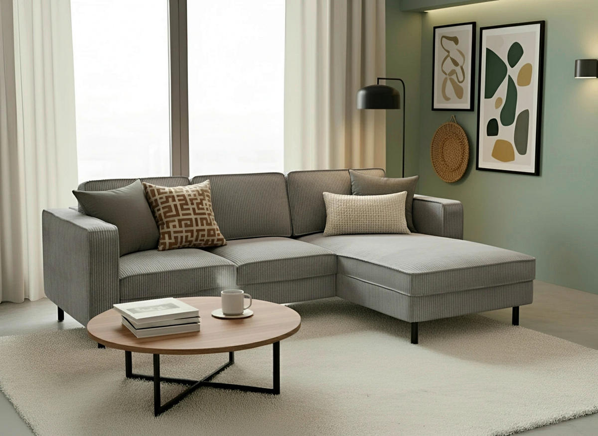 ECKSCHLAFSOFA WATKINS  mit Schlafen auf Sitzhöhe, Rücken echt, Armteil links, Armteil rechts Cord Grau  - Schwarz/Grau, MODERN, Textil/Metall (232/161cm) - Trendmanufaktur