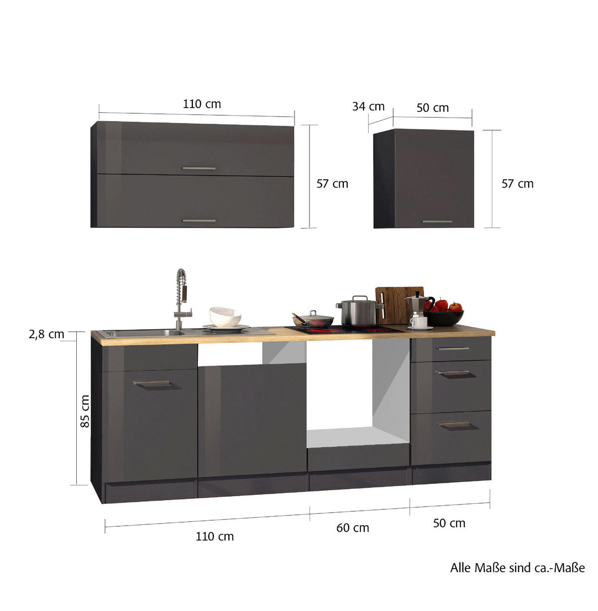 KÜCHENLEERBLOCK 220 cm   in Graphitfarben  - Silberfarben/Graphitfarben, MODERN, Glas/Holzwerkstoff (220cm) - Held