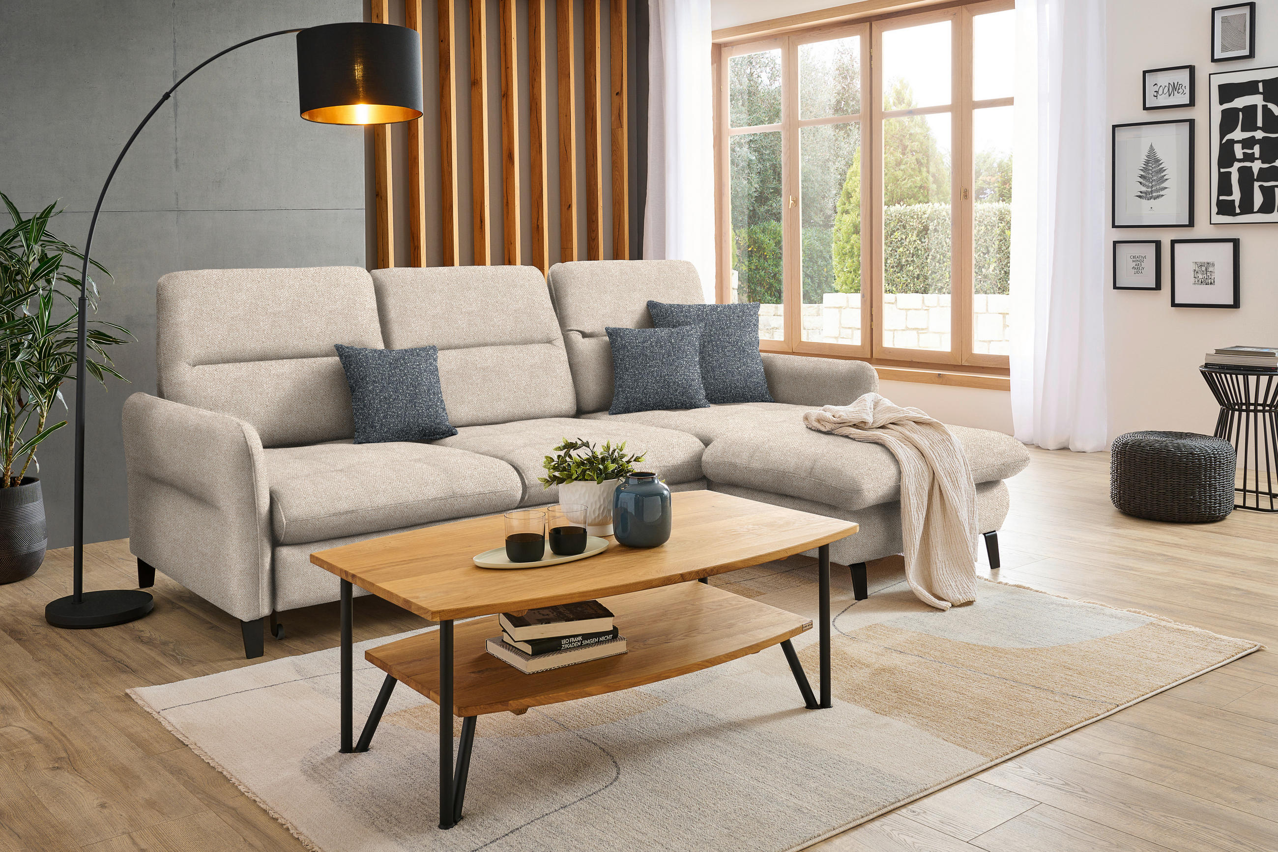 ECKSOFA Beige Plüsch  - Beige/Schwarz, KONVENTIONELL, Textil/Metall (254/190cm) - Livetastic