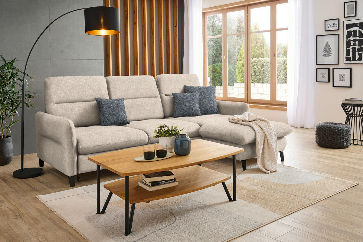 ECKSOFA Beige Plüsch  - Beige/Schwarz, KONVENTIONELL, Textil/Metall (254/190cm) - Livetastic
