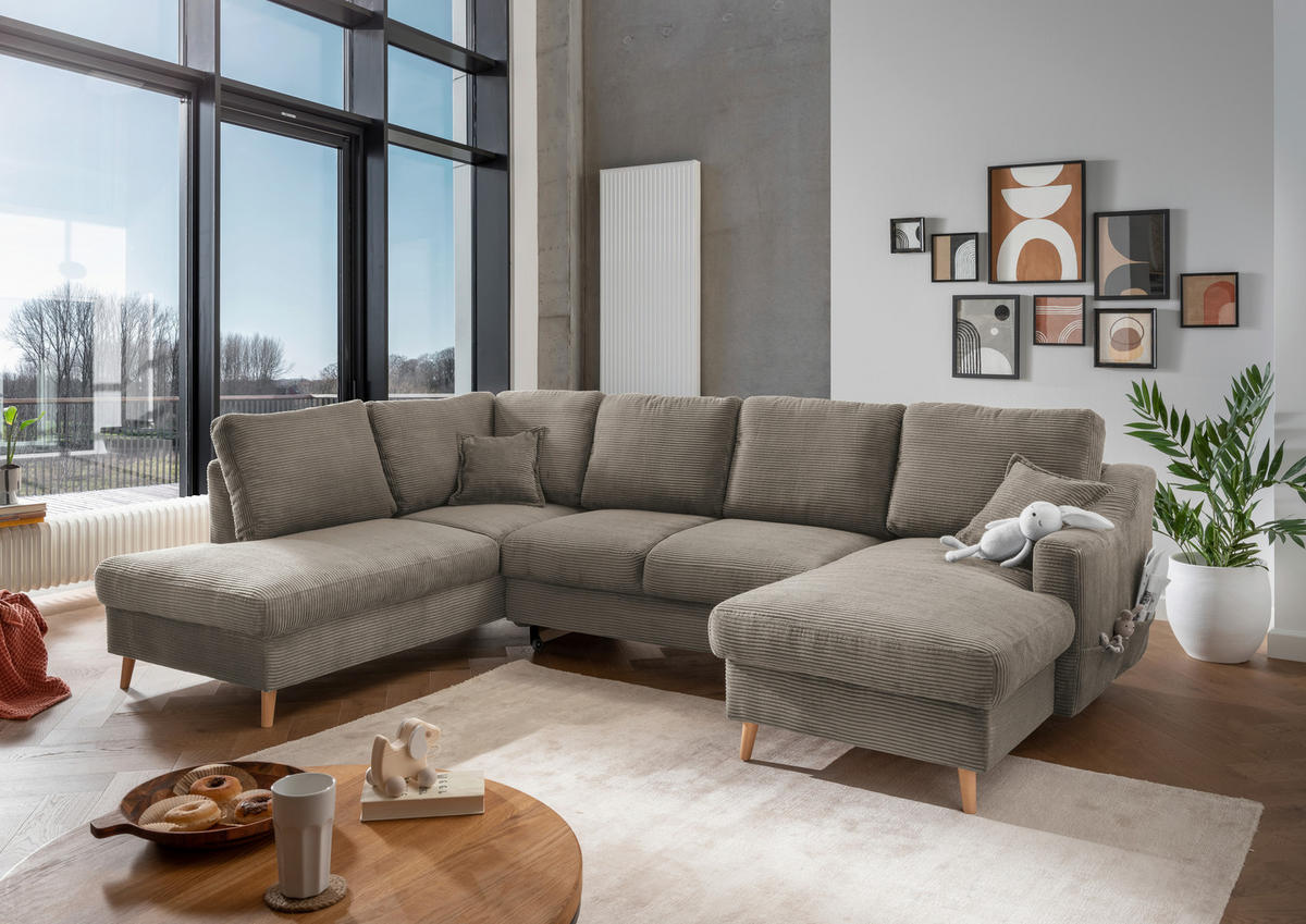 WOHNLANDSCHAFT in Cord Graubraun  - Graubraun/Naturfarben, Konventionell, Holz/Textil (200/301/150cm) - P & B