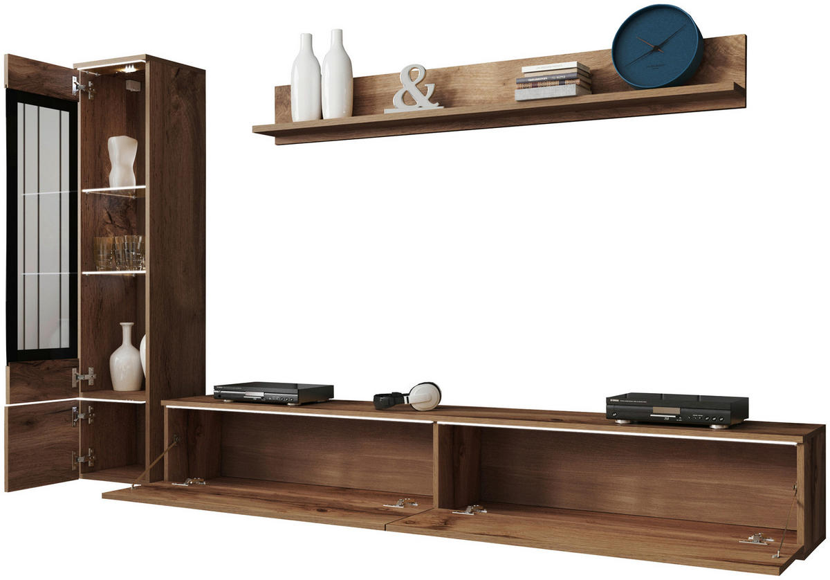 WOHNWAND 3-teilig  in Eiche Wotan  210/130/33 cm  - Eiche Wotan/Grau, LIFESTYLE, Glas/Holzwerkstoff (210/130/33cm) - P & B