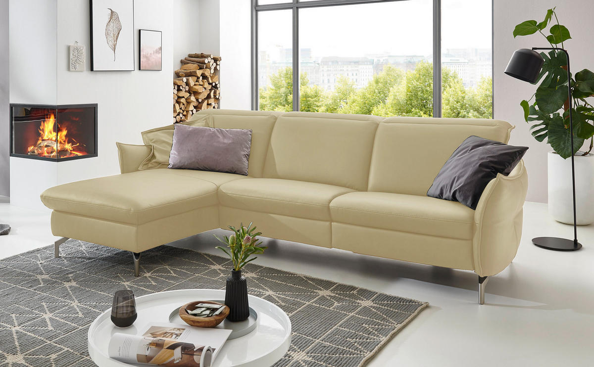 ECKSOFA in Echtleder Creme  - Creme/Nickelfarben, Modern, Leder/Metall (179/233cm) - Livetastic