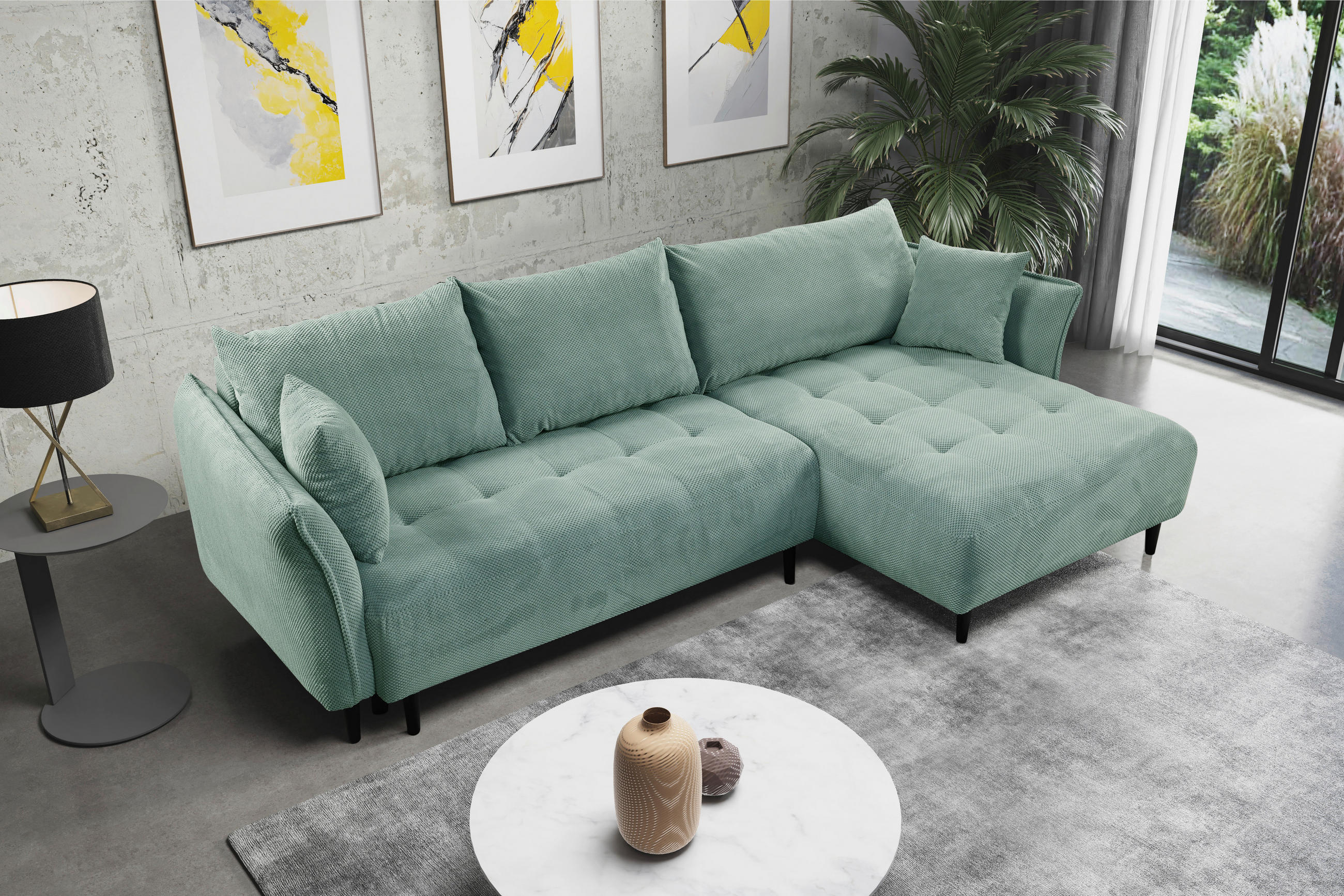 ECKSOFA in Chenille Mintgrün  - Schwarz/Mintgrün, Konventionell, Holz/Textil (290/160cm) - MID.YOU
