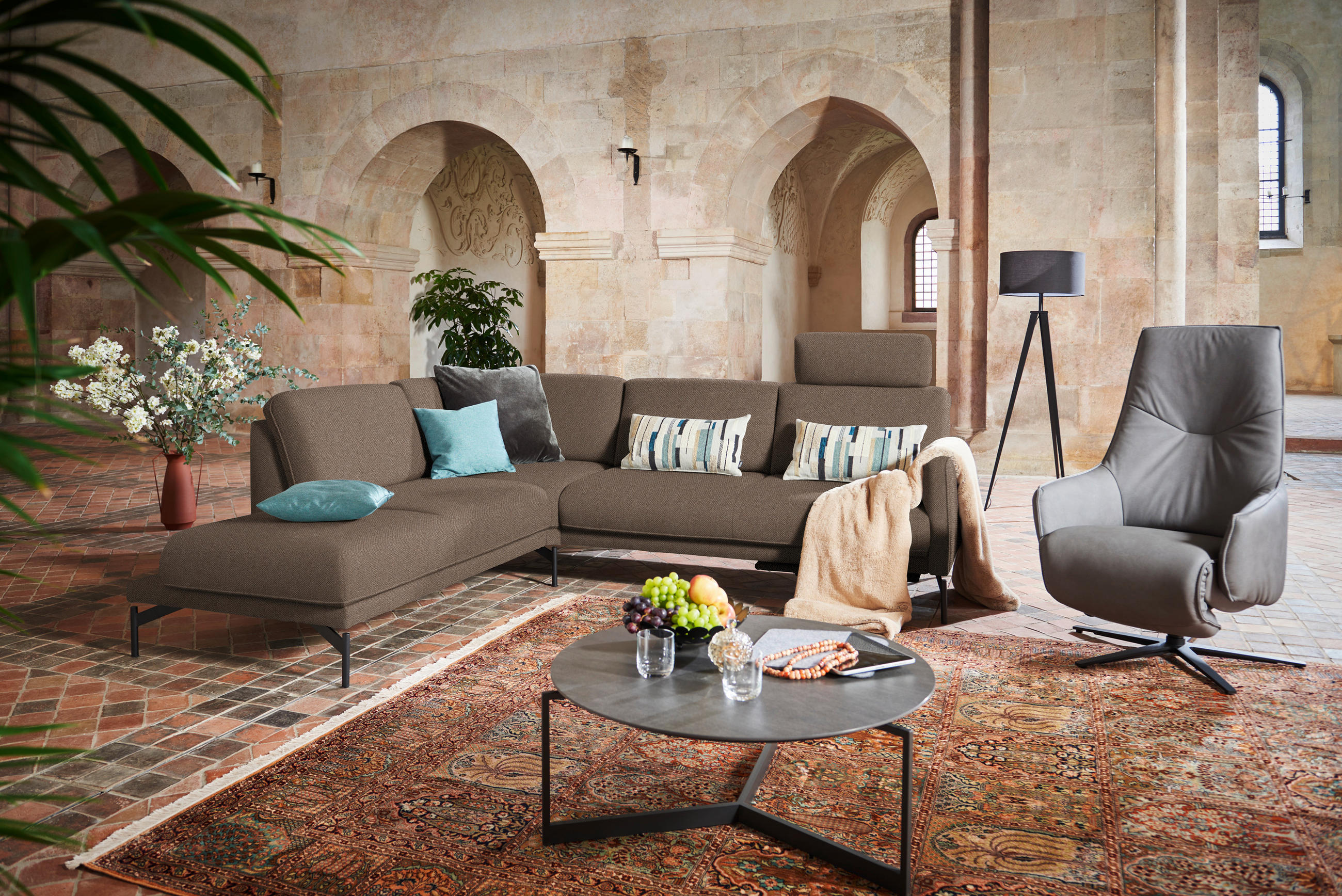 ECKSOFA in Flachgewebe Braun  - Anthrazit/Braun, Design, Textil/Metall (230/254cm) - Johann Jakob