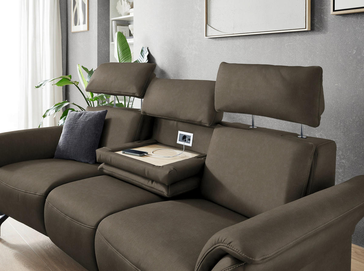 TRAPEZSOFA in Echtleder Graubraun  - Graubraun/Schwarz, KONVENTIONELL, Leder/Metall (221/103/95cm) - Dieter Knoll