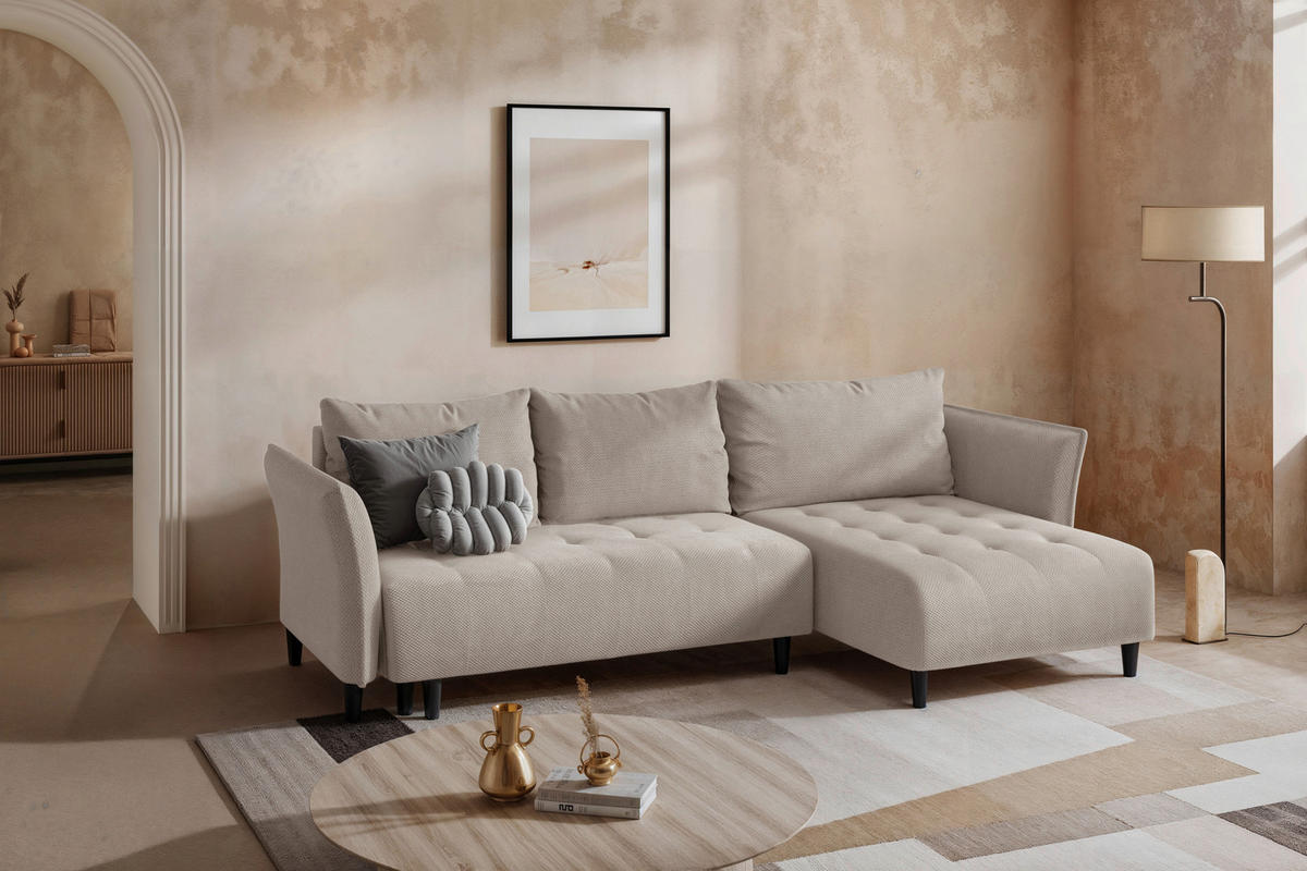 ECKSOFA Struktur, Plüsch Creme  - Creme/Schwarz, Trend, Textil (290/160cm) - MID.YOU