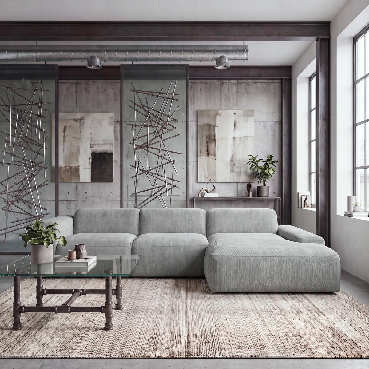 ECKSOFA HANNAH Hellgrau Cord  - Hellgrau/Schwarz, Design, Kunststoff/Textil (343/170cm) - MID.YOU