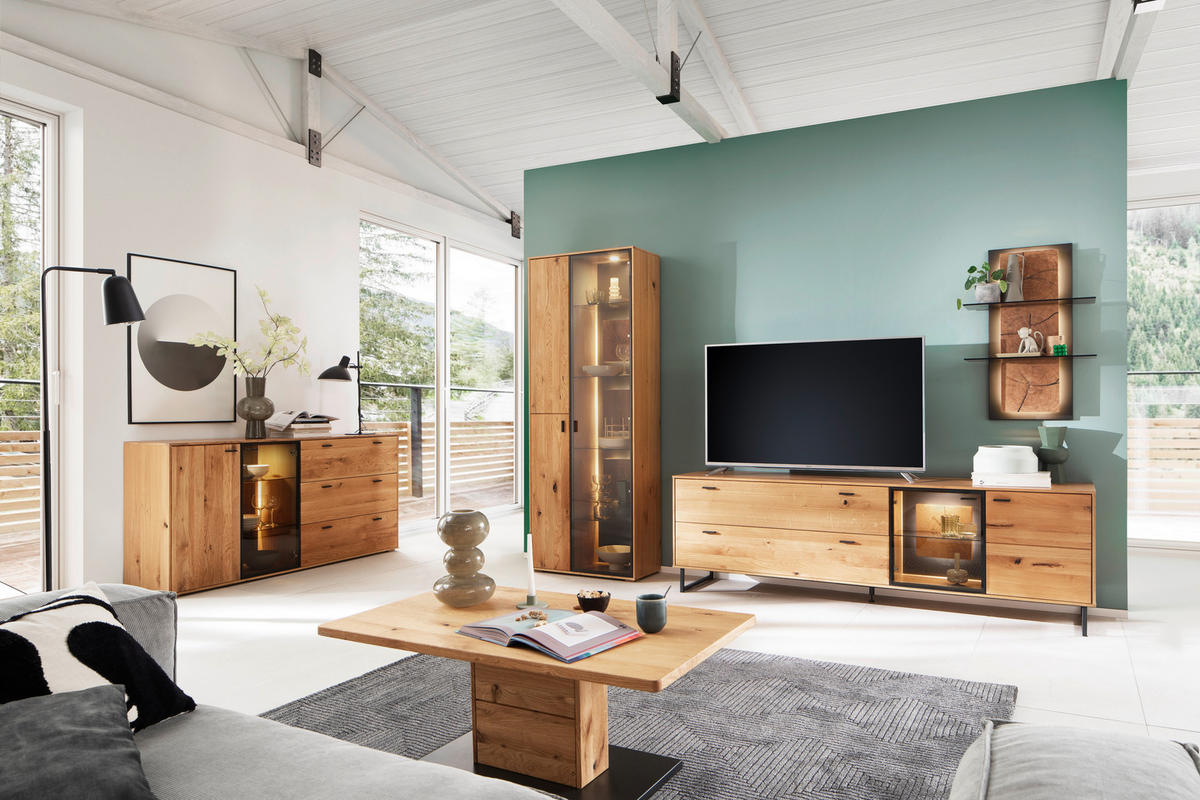 WOHNWAND  in Wildeiche 306/206/50 cm  - Wildeiche/Schwarz, Design, Glas/Holz (306/206/50cm) - MID.YOU
