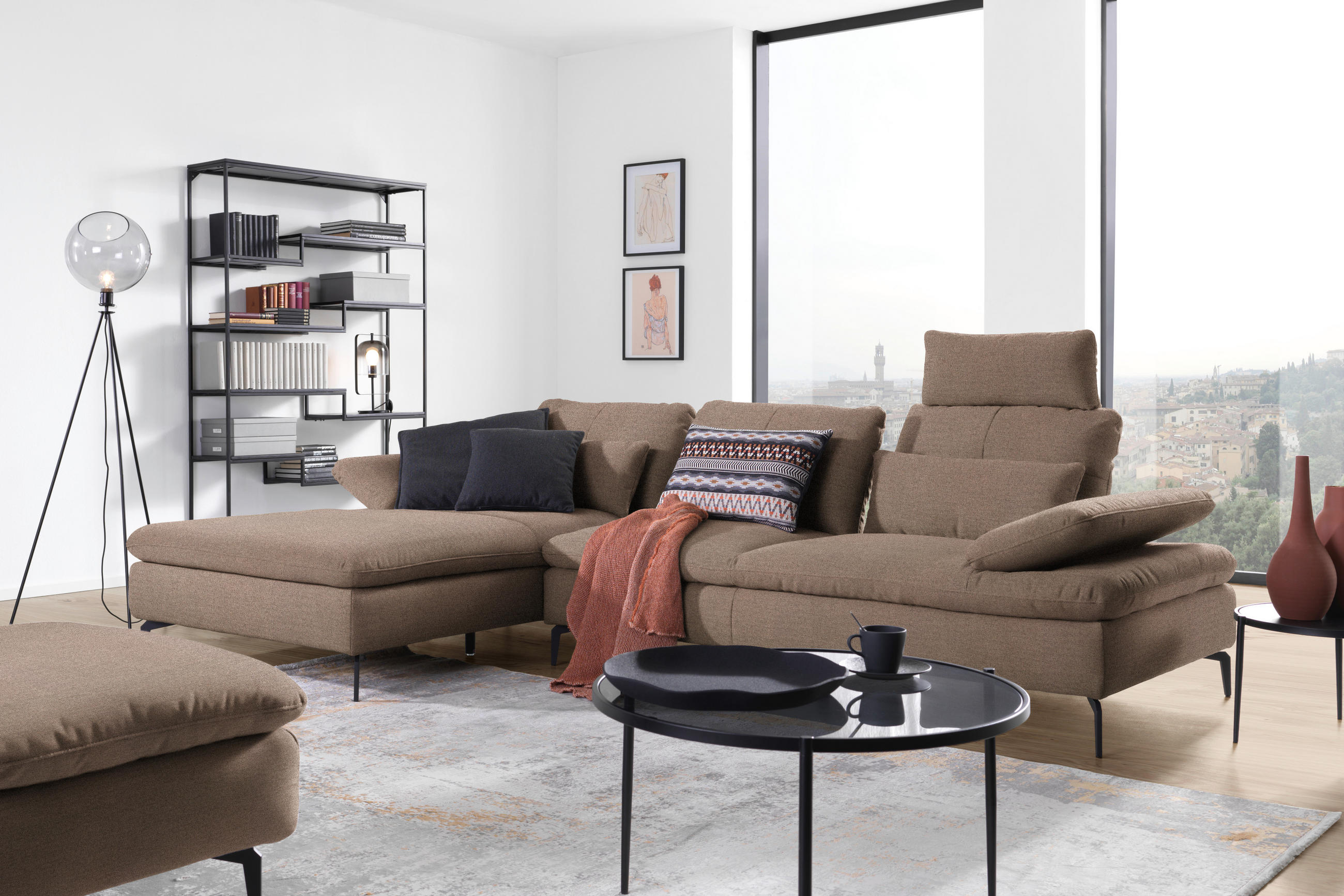 ECKSOFA in Webstoff Graubraun  - Graubraun/Schwarz, Design, Textil/Metall (179/301cm) - Chilliano