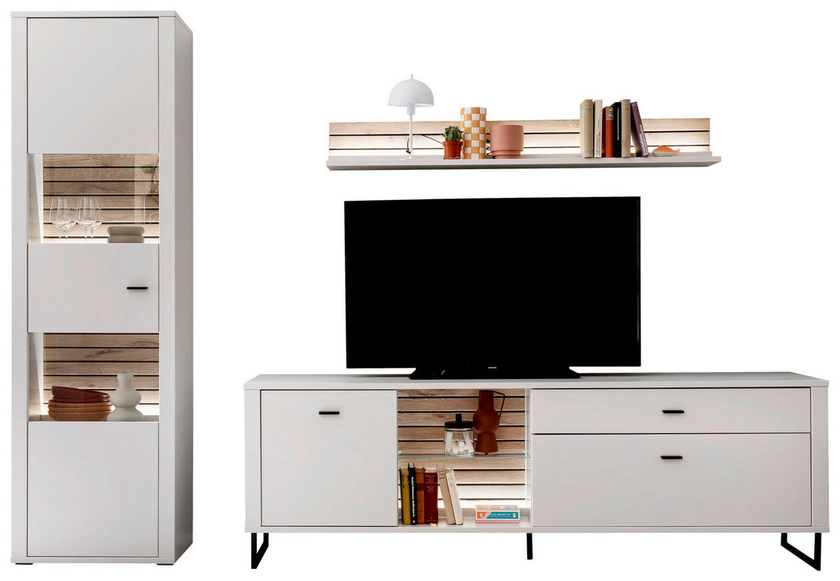 WOHNWAND  in Weiß, Eichefarben  287/206/44 cm  - Eichefarben/Anthrazit, Design, Glas/Holzwerkstoff (287/206/44cm) - Stylife