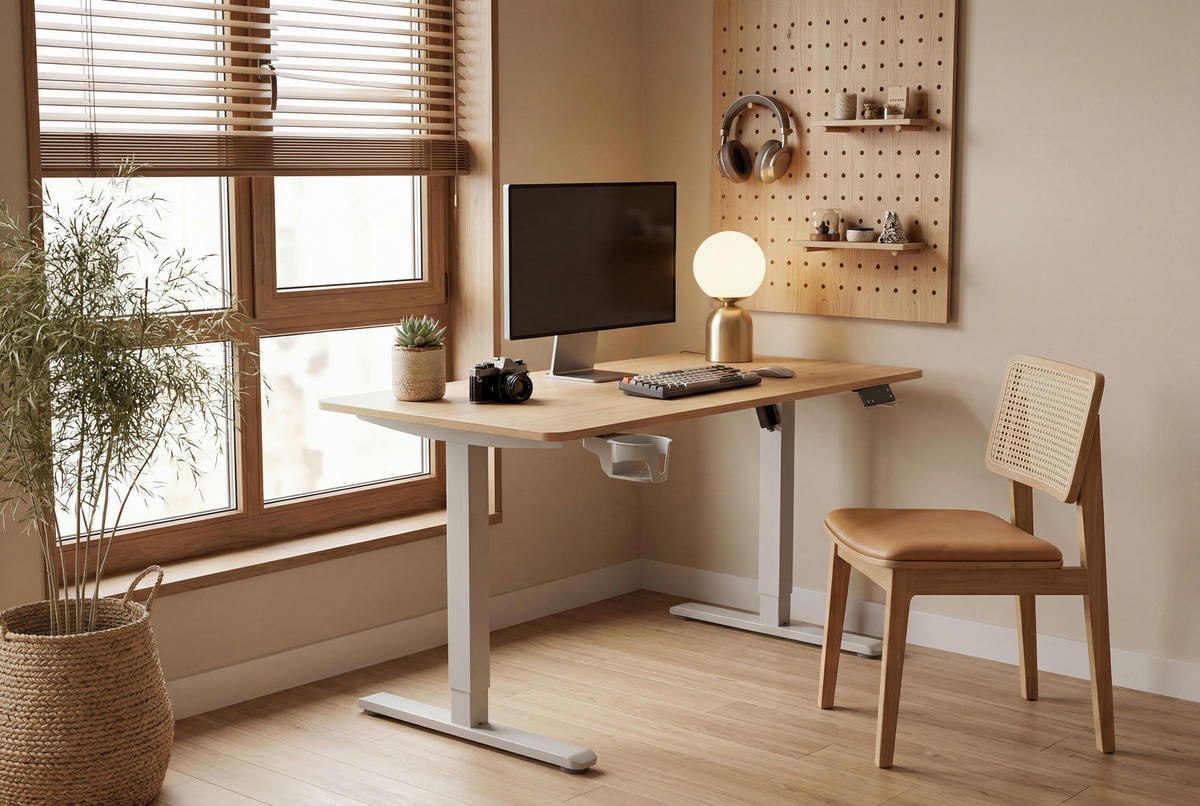 SCHREIBTISCH 120/60/70-115 cm Weiss, Plankeneiche höhenverstellbar, Memoryschalter, Getränkehalter, Headsethalter elektrisch höhenverstellbar  - Weiss/Plankeneiche, Modern, Holzwerkstoff/Kunststoff (120/60/70-115cm) - Livetastic