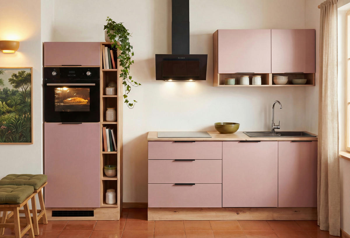KÜCHENBLOCK Oskar 270 cm  in Rosa, Eiche Artisan  - Schwarz/Eiche Artisan, Design, Holzwerkstoff/Kunststoff (270cm) - P & B