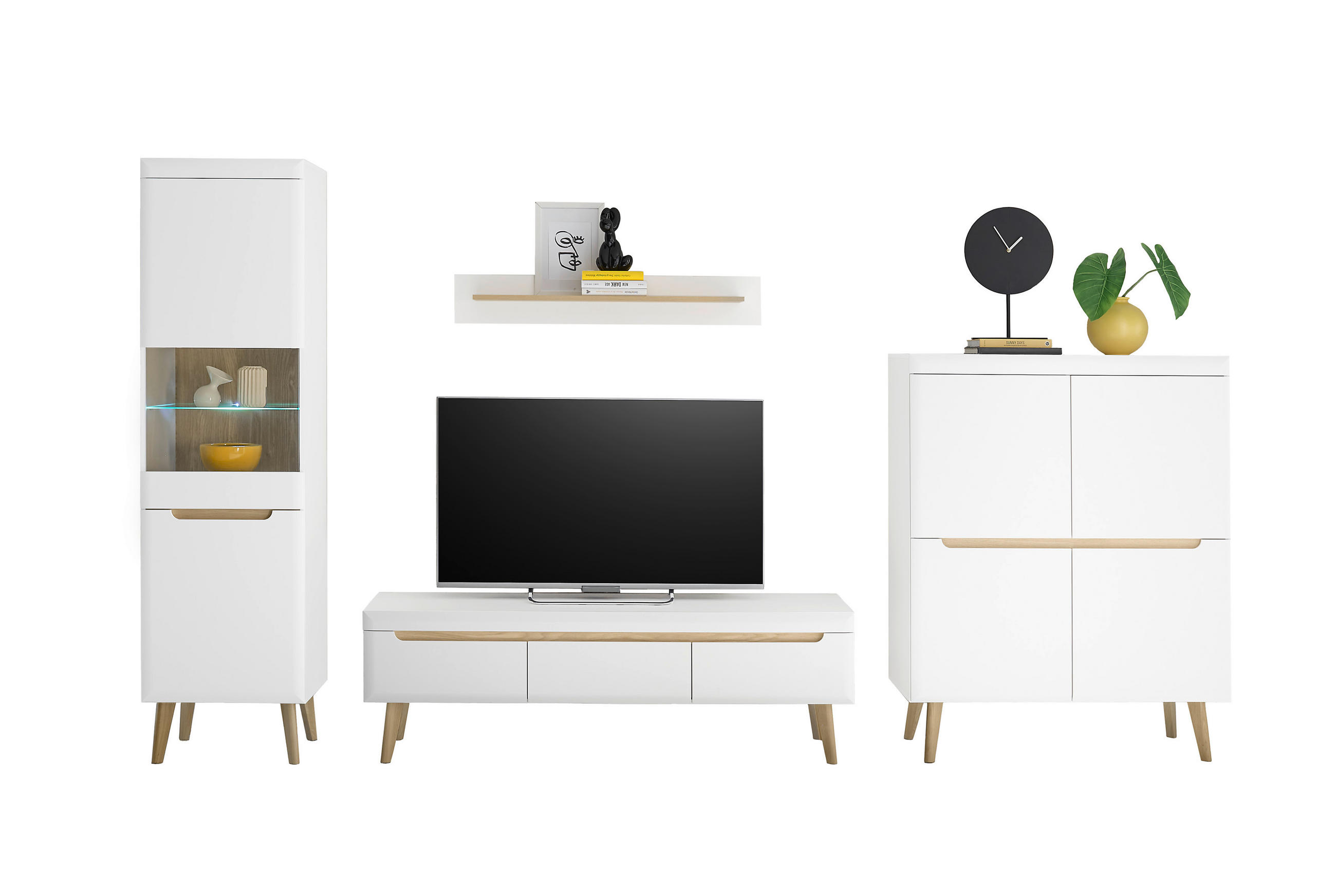 WOHNWAND 4-teilig  in Weiß, Eichefarben  360/197/40 cm  - Eichefarben/Weiß, Design, Glas/Holzwerkstoff (360/197/40cm) - MID.YOU