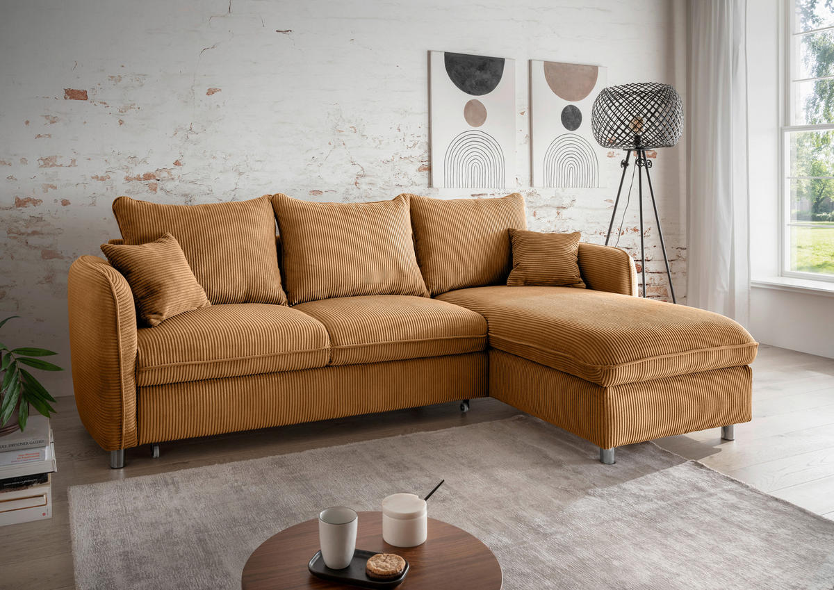 ECKSCHLAFSOFA  mit Rücken echt, Armteil links, Armteil rechts Cord Goldfarben  - Chromfarben/Goldfarben, MODERN, Textil/Metall (254/160cm) - Livetastic