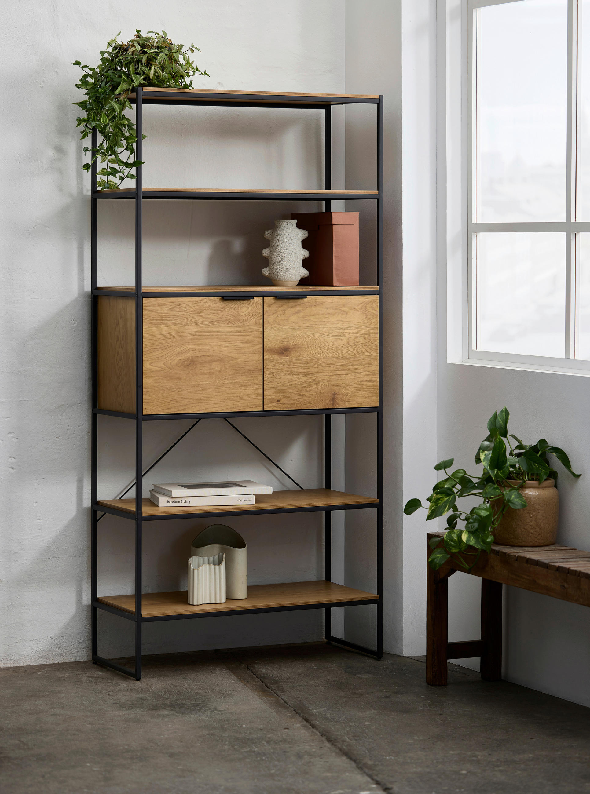 REGAL Eichefarben  90/190/40 cm  - Eichefarben/Schwarz, MODERN, Holzwerkstoff/Metall (90/190/40cm) - Lomoco
