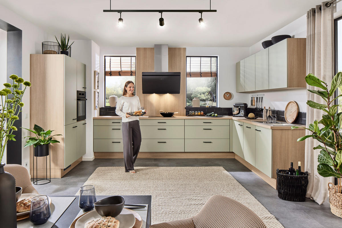 ECKKÜCHE  in Eichefarben, Salbeigrün  - Eichefarben/Salbeigrün, Basics, Holzwerkstoff/Metall (120/365/245cm) - Venda