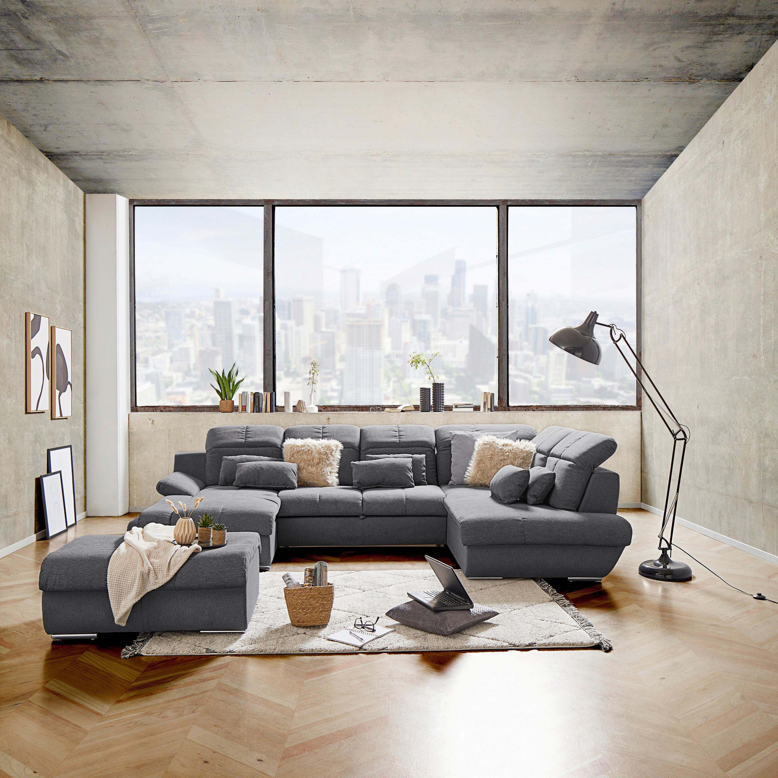 WOHNLANDSCHAFT in Mikrofaser Dunkelgrau  - Chromfarben/Dunkelgrau, Modern, Textil/Metall (184/345/228cm) - MID.YOU