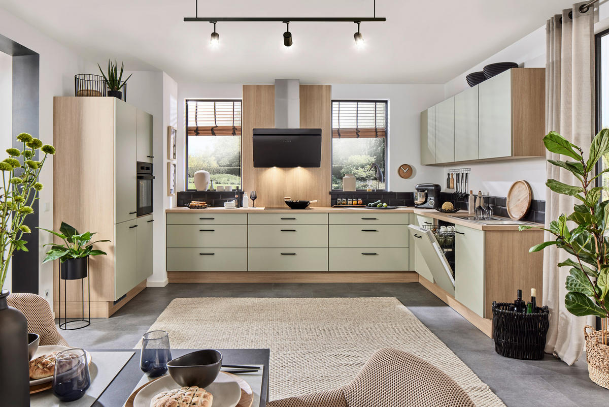 ECKKÜCHE  in Eichefarben, Salbeigrün  - Eichefarben/Salbeigrün, Basics, Holzwerkstoff/Metall (120/365/245cm) - Venda